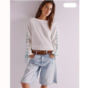 NWT Free People We The Free Laced-Up Tee Sweater, White & Teal | XS